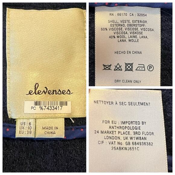 Elevenses Blazer 4 Button Closure Wool Blend Princess Seams Navy Blue Size 6 - Picture 12 of 13